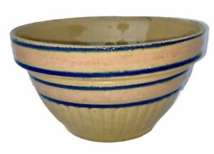 1930 S Yellow Ware Pottery Bowl 9x6 Pink Blue Stripes Fluting