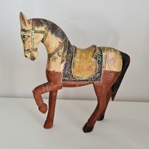 Vintage Hand Painted Wooden Wedding Horse Figure Ghodi Indian 27cm Hand Carved