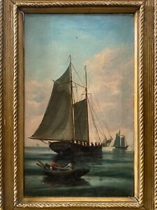  Antique Old 19th C Nautical Ship Seascape American Folk Art Oil Painting