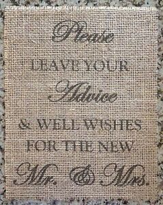 Primitive Burlap Advice Well Wishes Mr Mrs Sign Banner Panel Barn Wedding 8x10