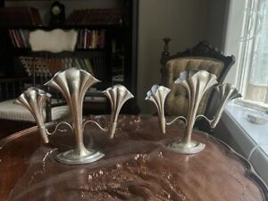 Antique Pair Of Silver Plate Lily Vases Epergne Centerpiece For Dining Table