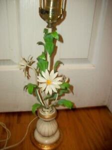 Italian Tole Daisy Flower Table Lamp Hp Gilt White Plaster Base Mid Century