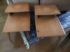 Vint Heywood Wakefield Mid Century Step End Tables Champagne Birch Maple Pair 