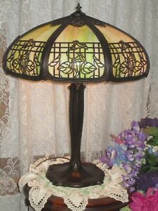 Antique Slag Glass Panel Lamp Morning Glory Design