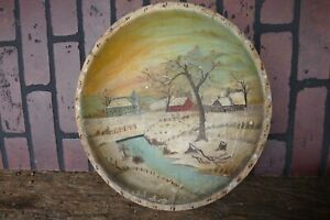 Antique 19th C Kitchen Dough Wood Bowl Early Folk Art Oil Painting 13 75 In