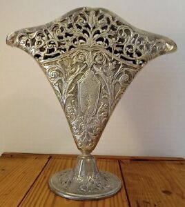 Art Nouveau Ornate Fan Shaped Pierced Filigree Flower Vase Antique Silver Tone