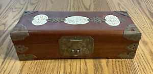 Chinese Celadon Red Wood Brass And White Jade Inlay Jewelry Trunk Box 10 
