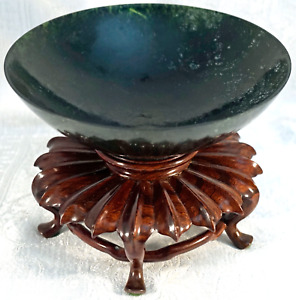 Rare Handmade Dark Spinach Jade Bowl Sculpted Wood Stand