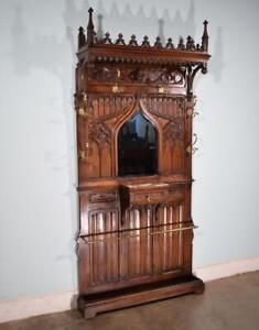  Antique French Gothic Hall Tree Hall Stand Coat Hat Rack In Solid Walnut Wood
