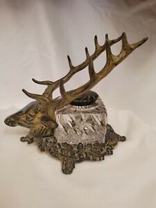 Antique Bradley And Hubbard Mfg Co Stag Head Pen Holder And Inkwell