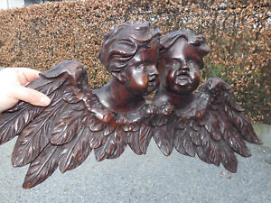 Antique 19thc Large 25 Wood Carved Cherub Angel Putti Wall Plaque Rare