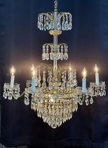 Vintage French Crystal Wedding Cake Tier Waterfall Chandelier Gasolier Style