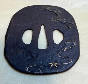 Japanese Sword Antique Tsuba Bird Design Inlaying Made From Iron