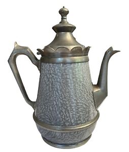 Early 1890 1905 Pewter Trimmed Grey Graniteware Teapot Enamel Ware Antique