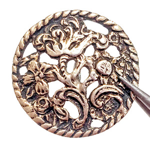 Pierced Sterling Silver Swirly Floral Antique Button With Rope Border Signed