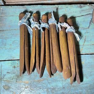 6 Primitive Hand Made Wood Carved Clothespins With Early Blue Homespun Aafa