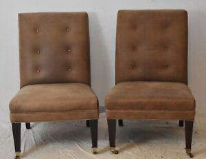 Baker Furniture Tullip Crown Pair Of Club Chairs Tufted Leather Upholstery