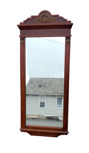 Antique Ornate 1930s Neoclassical Burled Walnut Tall 55 Wall Mirror
