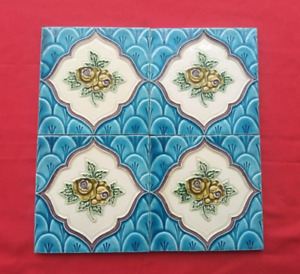 4 Piece Old Art Deco Floral Embossed Design Majolica Ceramic Tiles Japan 0128