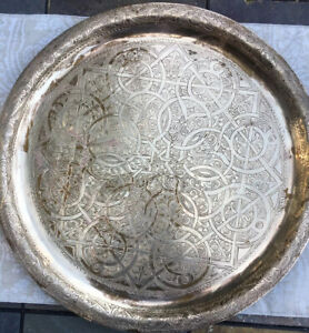 Antique Islamic Brass Tray With Beautiful Intricate Work 15 5 Stamped Heavy