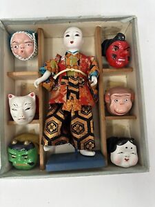 Antique Set Of 6 Japanese Noh Masks And Doll In Original Box Nice