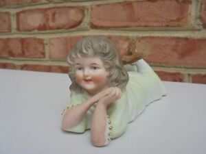 Antique Bisque Porcelain Piano Baby Girl Lying W Crossed Legs 5 1 2 Excellent