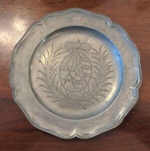 Antique Pewter Plate Engraved Coat Of Arms Armorial Fk Continental