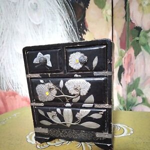 Antique Small Japanese Painted Jewelry Chest Drawer Hand Painted Black Lacquer