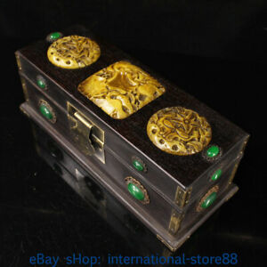 12 4 Old Chinese Ebony Inlay Gems Jade Carving Palace Flower Jewelry Box