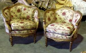 Pair Of Gorgeous Antique Gilded French Louis Xvi Bergere Chairs