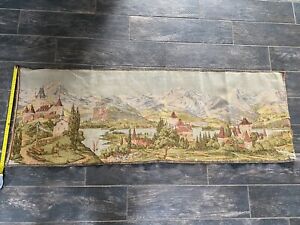 Old And Beautiful Tapestry 58 X20 Great Size Landscape Buildings Trees Mts Nice