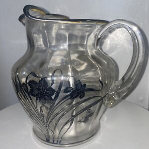 Pitcher Clear Glass Sterling Silver Inlay Floral Irises Ice Lip Vintage Rare