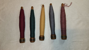 5 Vintage Antique Wooden Spools Textile Thread Bobbin Spindle Sewing Colors B