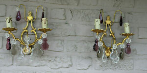 Pair Vintage Brass Coloured Glass Pendants Wall Lights Sconces