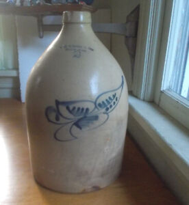 1870s Wheeler Co Boston Cobalt Decorated 2 Gallon Salt Glaze Stoneware Jug