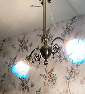 Antique Two Arm Hangiing Light Lamp Chandelier W Blue Cherub Shades