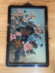 Antique Chinese Export Reverse Glass Trade Framed Painting W Birds Flowers
