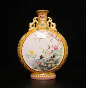 26cm Qianlong Signed Antique Chinese Famille Rose Vase W Crane