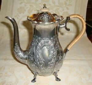Rare Silver Plate English Victorian Tea Pot Embossed Flowers Wicker Handle 8 