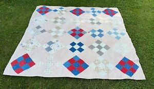 Antique Vintage Nine Patch Quilt Americana Hand Quilted Red Blue 80 X 80 