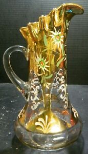 Large Victorian Hand Painted Enameled Gold Pitcher 12 X 6 25 X 5 13 Excellent