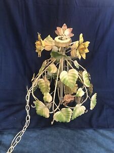 Large 19 Vintage Italian Tole Chandelier Metal Flowers Pink And Yellow Roses