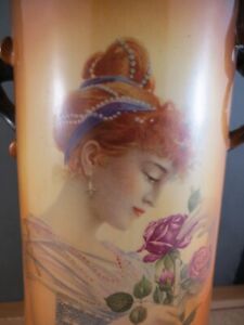 Antique Warwick Ioga Portrait Vase A 17 Double Handle Lady Woman Red Roses 10 5 