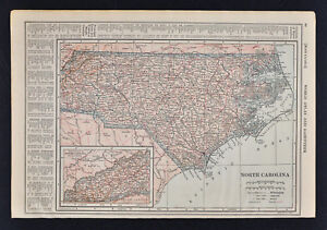 1914 Poates Map North Carolina Raleigh Charlotte Wilmington Outer Bank Hatteras