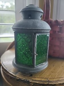 Vintage Lantern Candle Metal Green Embossed Glass Stars Striking Color 7 1 2 