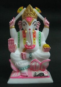 11 Inches Marble Lord Ganesh Ji Murti Hand Painted Bal Ganesha Statue For Temple