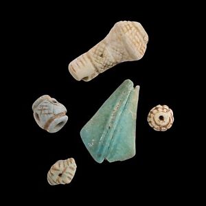 Lot Of 5 Authentic Egyptian Faience Beads Ancient Art Blue Green Bead Set 