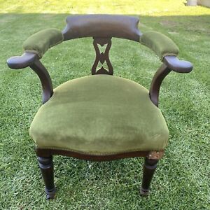 Antique Edwardian Tub Chair English Mahogany Original Green Velvet Cloth Seating