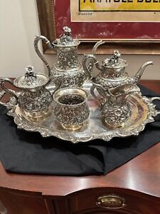 Sterling Silver Baltimore Sterling Silver Antique Floral Repousse Tea Coffee Set