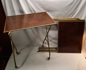 4 Vintage Mid Century Modern Folding Tv Trays Tables Set With Faux Wood Parquet